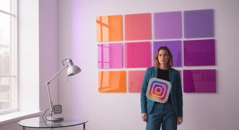 Retrato de creador digital ante paneles de color Instagram gradiente