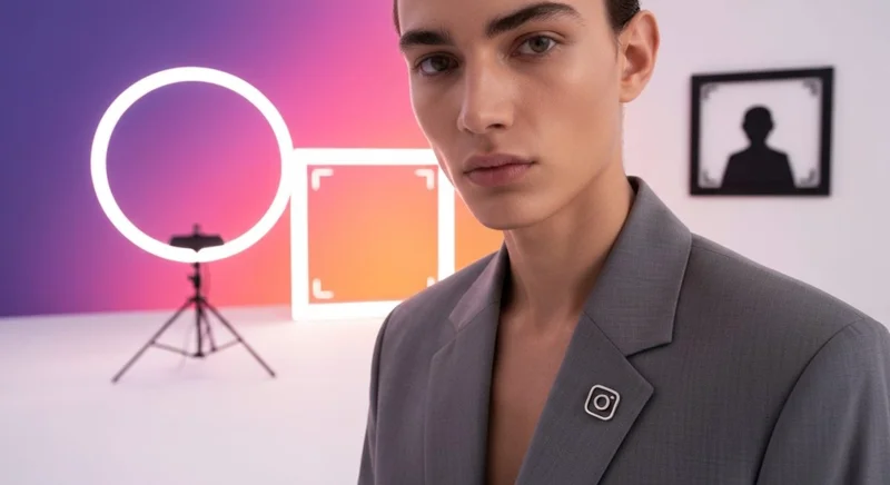 Retrato de moda en estudio con blazer y pin Instagram