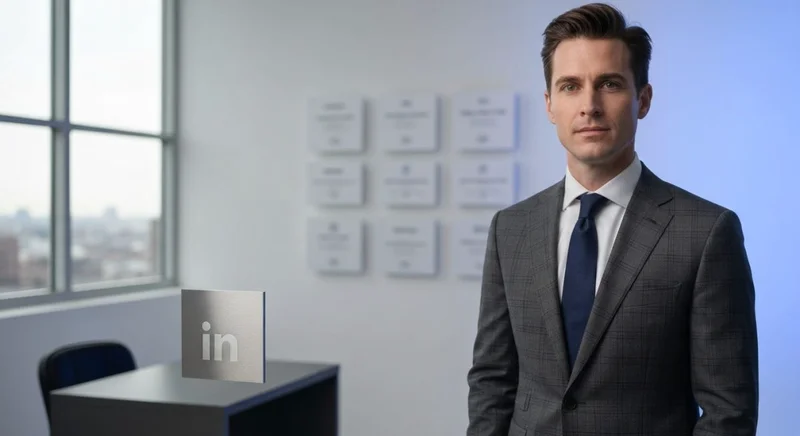 Retrato profesional en traje con logo de LinkedIn iluminación suave
