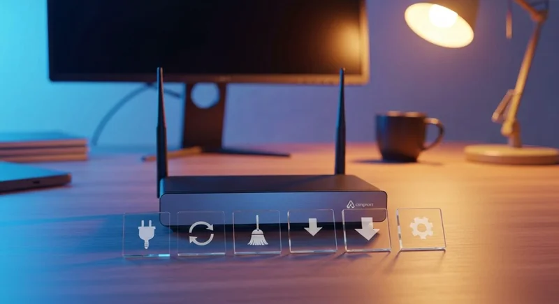 Router con logo grabado y cinco baldosas vidrio símbolos pasos