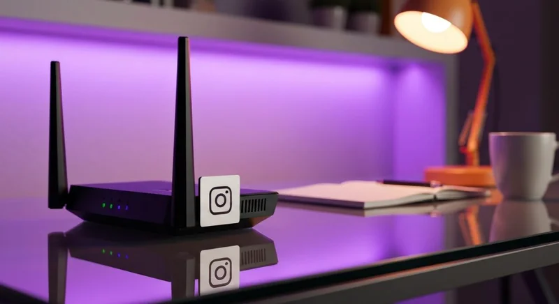 Router negro con placa grabada logo Instagram junto a laptop
