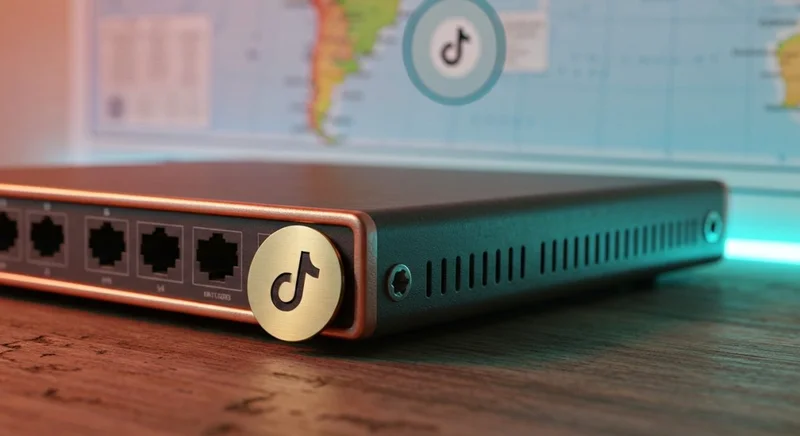 Router VPN de cobre vintage con disco TikTok mapa Caribe