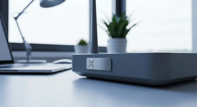 Router WiFi en escritorio limpio con placa grabada logotipo X