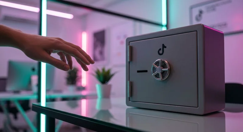 Segura metálica con logo TikTok grabado frente y mano acercándose