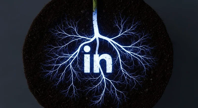 Sistema de raíces brillantes formando el logo de LinkedIn minimalist