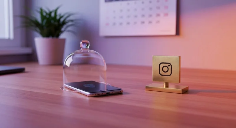 Smartphone bajo campana de vidrio con logotipo de Instagram minimalista
