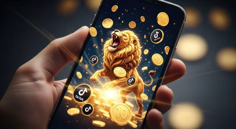 Smartphone en mano león dorado monedas TikTok