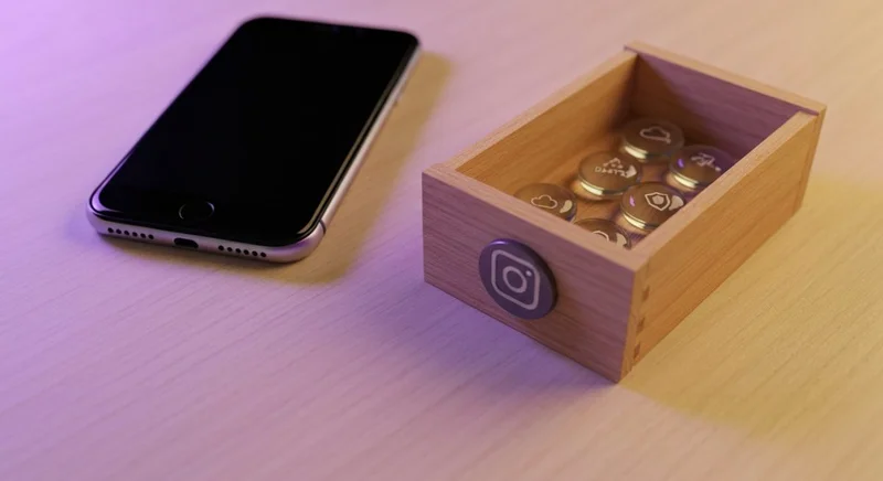 Smartphone moderno sobre escritorio de madera claro junto gaveta Instagram