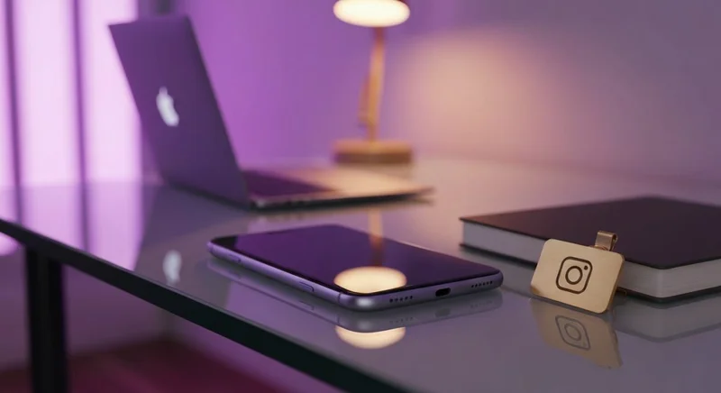 Smartphone moderno sobre escritorio de vidrio con insignia Instagram grabada