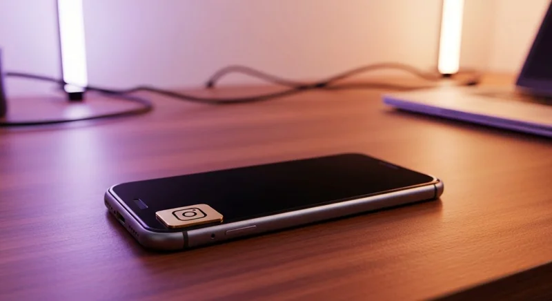 Smartphone pantalla negra sobre escritorio madera pulida insignia Instagram latón