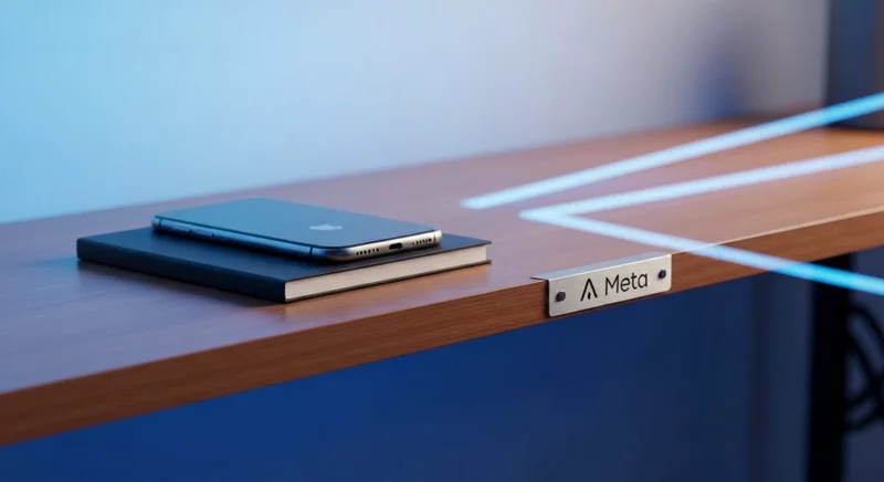 Smartphone sobre cuaderno en escritorio de madera con Meta logo
