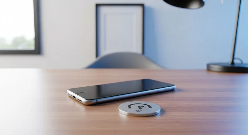 Smartphone sobre escritorio de madera con posavasos grabado logotipo minimalista