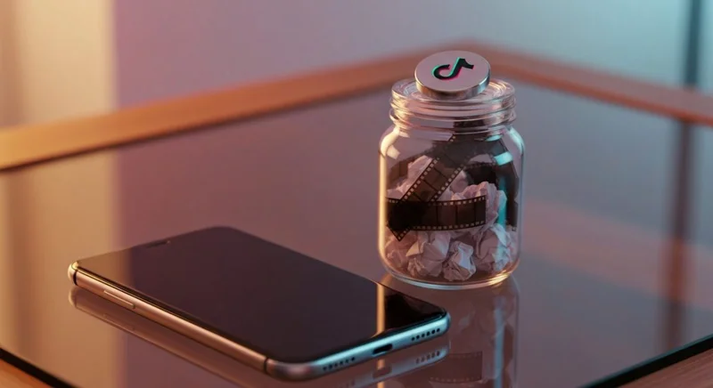 Smartphone sobre escritorio de vidrio junto tarro con tiras TikTok