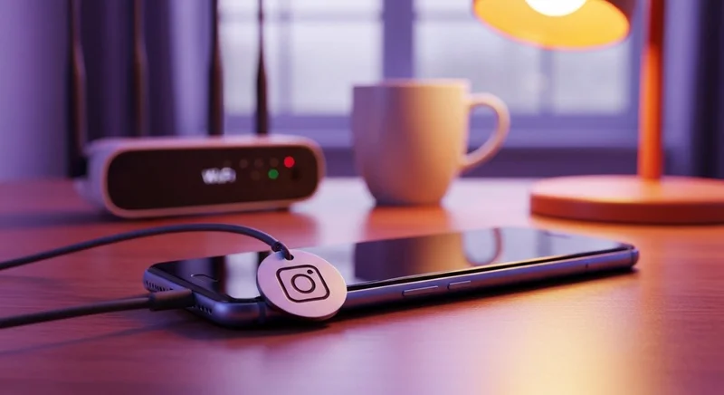 Smartphone sobre mesa de madera con etiqueta circular Instagram en cable
