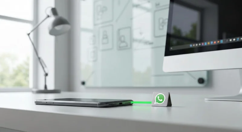 Smartphone y monitor en escritorio minimalista con insignia WhatsApp verde