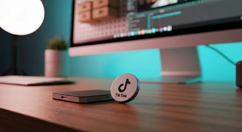 SSD externo con logotipo TikTok en borde metalico sobre escritorio