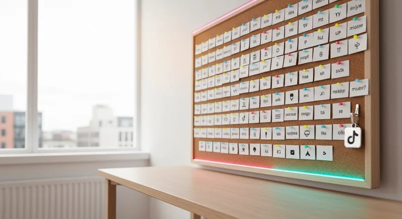 Tablero de corcho con tarjetas símbolo TikTok y logo TikTok