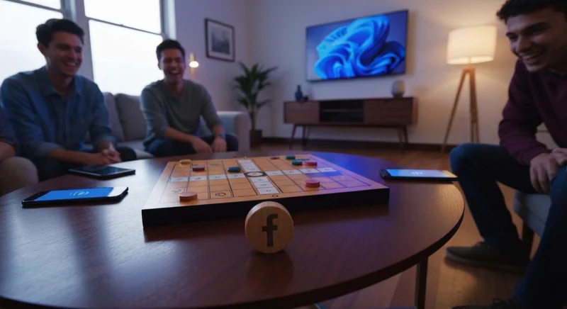 Tablero de Ludo en madera oscura con emblema de Facebook