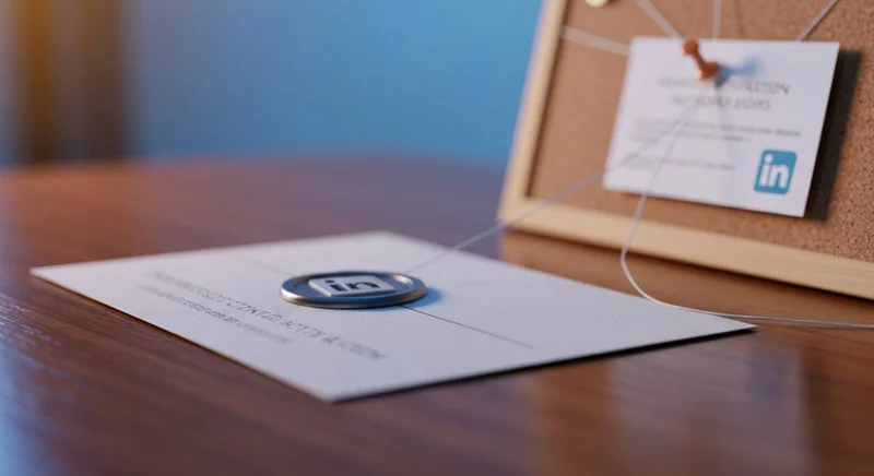 Tarjeta de invitación con insignia LinkedIn sobre escritorio de madera