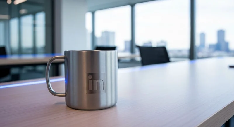 Taza de metal con logo minimalista de LinkedIn en escritorio
