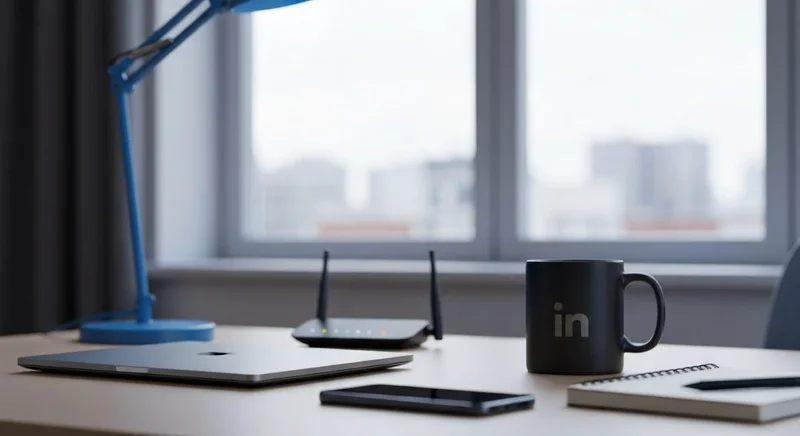 Taza negra mate con logo LinkedIn junto a portátil cerrado