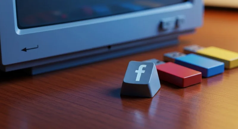 Tecla con logotipo Facebook junto a USBs y monitor azul