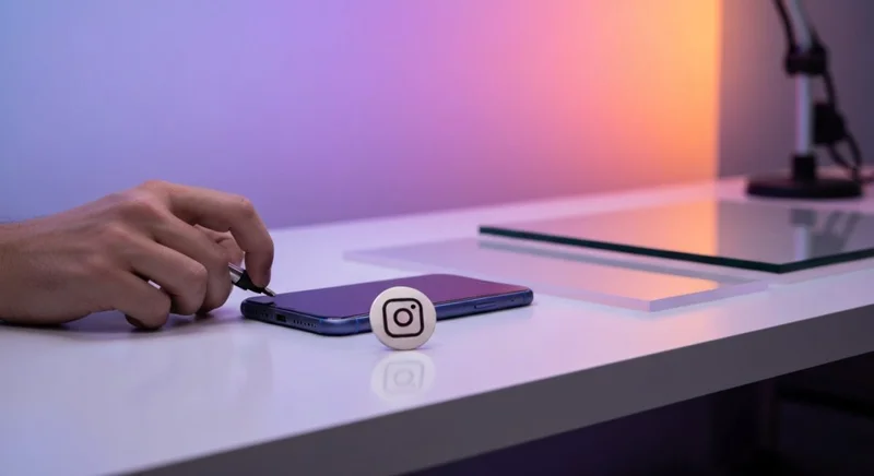Técnico revisa smartphone en banco de reparación con insignia Instagram