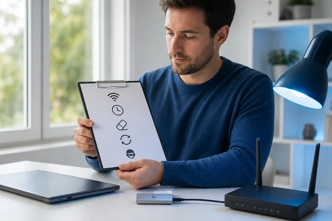 Tecnólogo tranquilo observa hub USB C con logotipo X iluminado