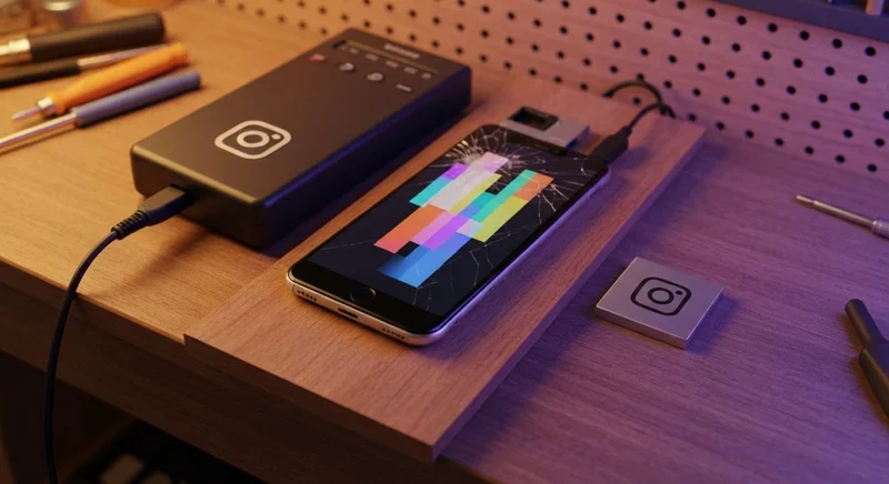 Teléfono agrietado sobre banco de reparación con logotipo Instagram