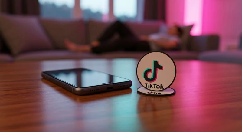 Teléfono boca abajo sobre mesa de madera junto posavasos TikTok