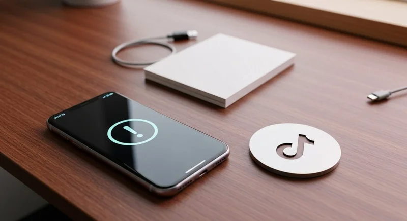Teléfono en escritorio de madera muestra símbolo de advertencia TikTok