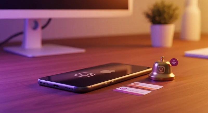 Teléfono en mesa de nogal junto a campana Instagram grabada