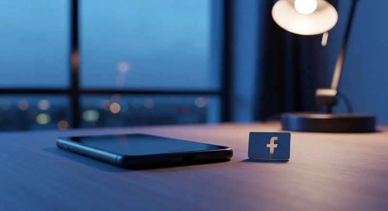Teléfono inteligente boca abajo en escritorio minimalista con insignia Facebook
