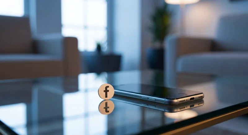 Teléfono inteligente junto al logotipo circular de Facebook en sala