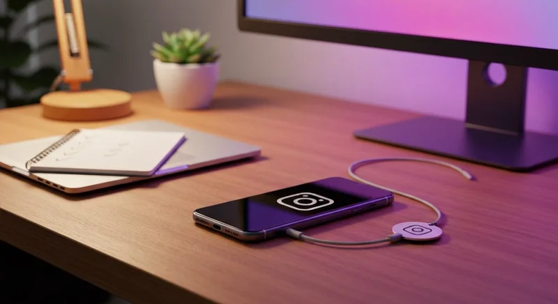 Teléfono inteligente moderno sobre escritorio de madera cálida disco Instagram
