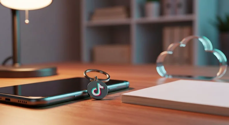 Teléfono inteligente sobre escritorio de madera con llavero TikTok cuaderno