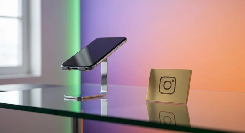 Teléfono sobre soporte cromado junto a placa logo Instagram WhatsApp