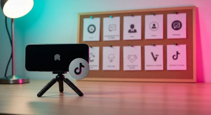 Teléfono sobre trípode en escritorio madera con placa TikTok grabada