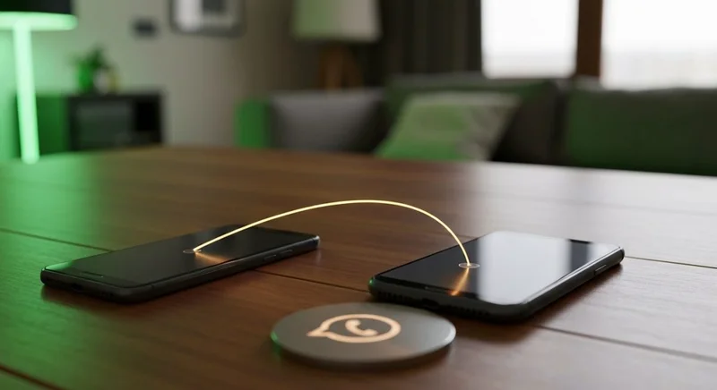 Teléfonos sobre madera pulida conectados por hilo luminoso WhatsApp TikTok