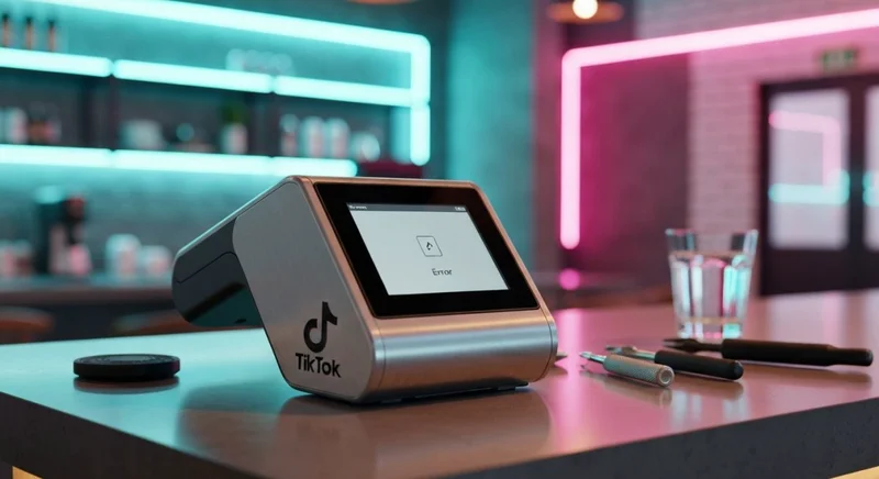 Terminal POS en mostrador de cafe con logo TikTok brillante