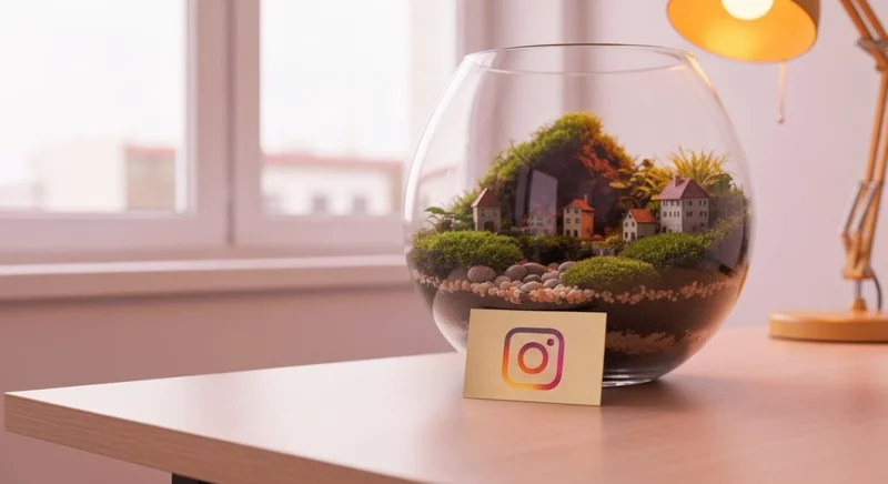 Terrario de vidrio con micro ciudad de musgo y Instagram