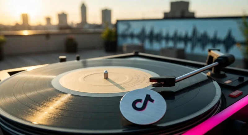 Tocadiscos portátil vintage girando vinilo insignia circular TikTok en borde