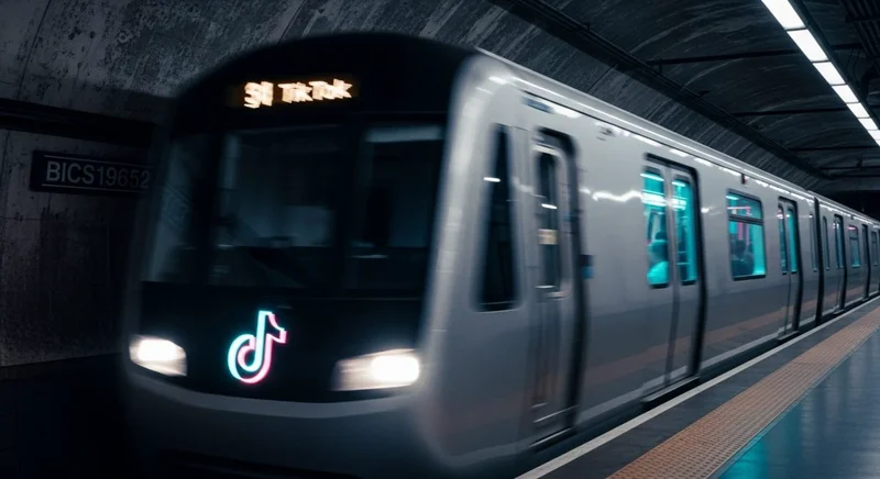 Tren moderno con logo de TikTok en estación de metro oscura