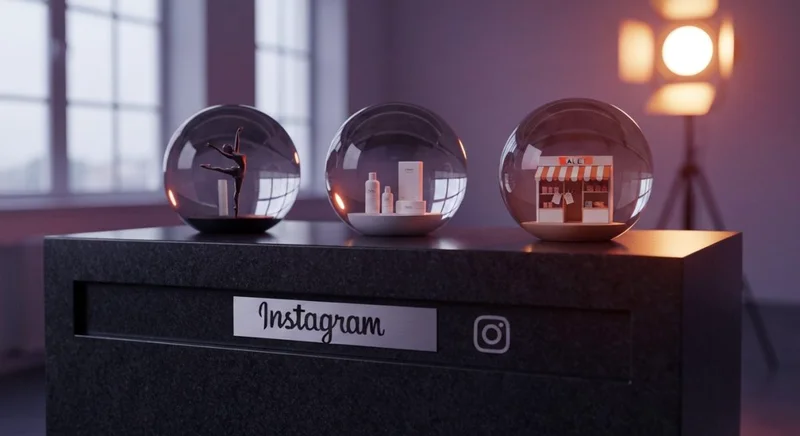 Tres esferas de vidrio en pedestal oscuro muestran ecosistema Instagram