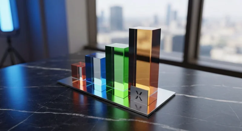 Tres prismas de vidrio coloridos sobre mármol con logotipo X