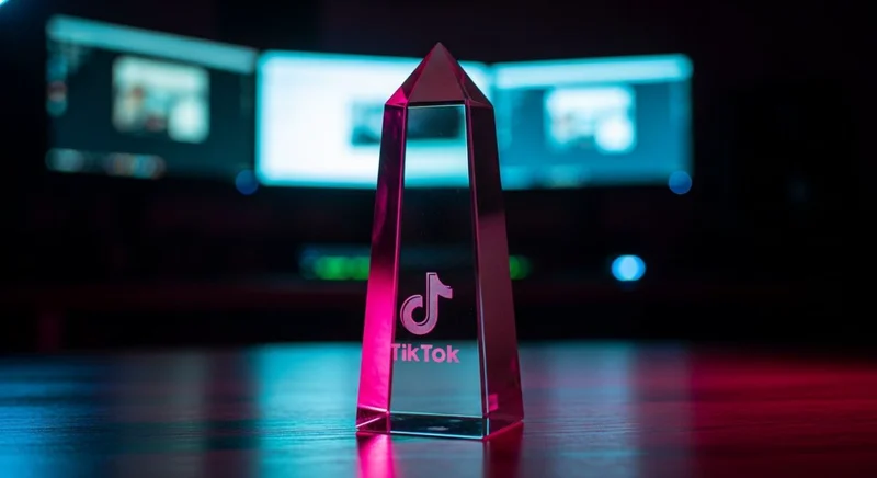 Trofeo de cristal en forma de obelisco con logo de TikTok