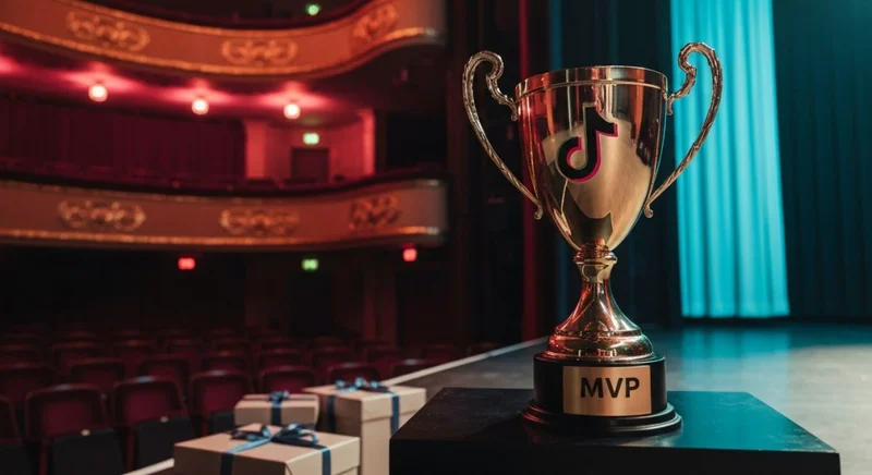 Trofeo MVP de latón pulido en escenario con logo TikTok