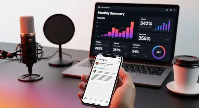 Un creador de contenido usando en su smartphone la nueva función de transcripción de audio de Instagram, con un portátil de fondo que muestra analíticas de crecimiento