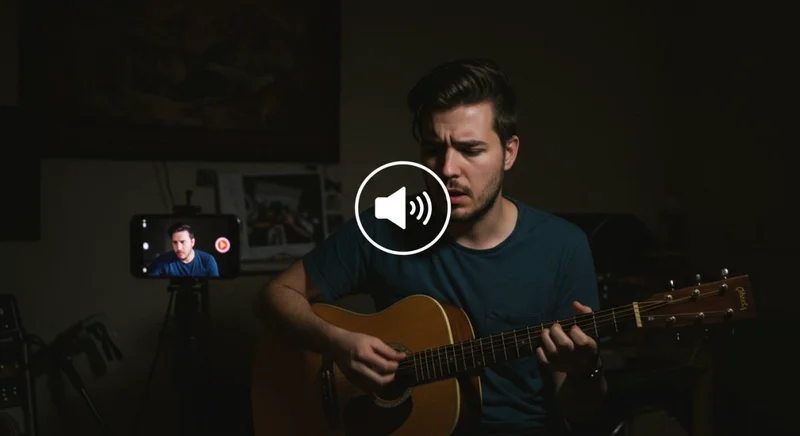 Un músico en solitario se ve estresado en una habitación con poca luz, iluminado sólo por el resplandor de su teléfono inteligente que está configurado para un livestream, con una superposición de un