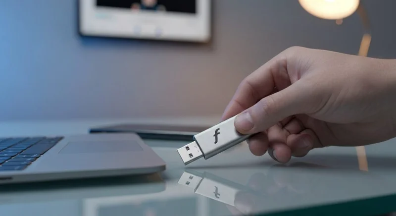 USB con logotipo f minimalista en tapa metálica insertando portátil
